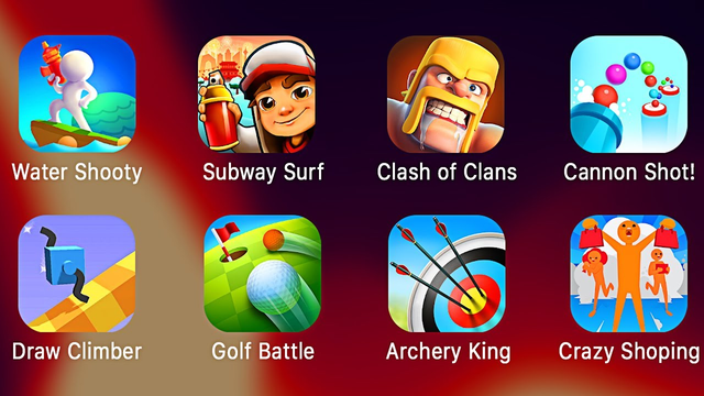 Water Shooty, Subway Surf, Clash of Clans, Cannon Shot!, Draw climber, Golf Battle, Archery King