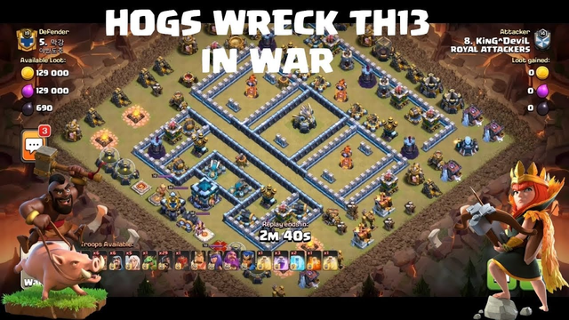 Hogs Wreck TH13 in WAR | TH13 Hog Riders attack Strategy | 3 Star TH13 war bases | Clash of clans