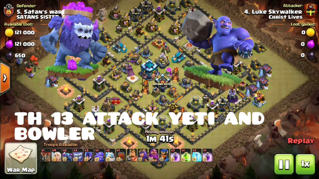 CLASH OF CLANS TH 13 GAMEPLAY NEW TROOP YETI WITH BOWLER ATTACK