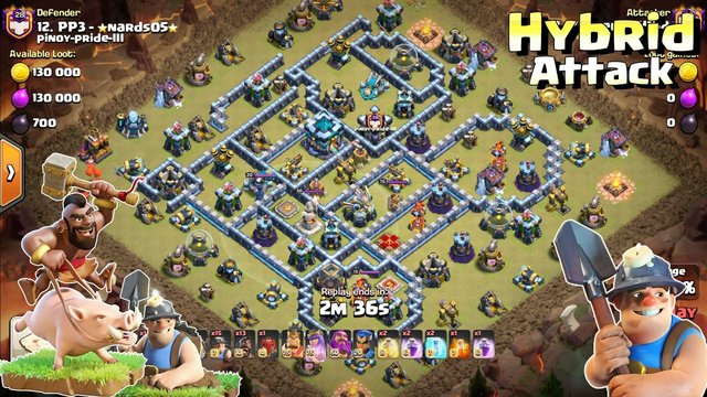 HYBRID ATTACK TH13! Hogs & Miner Smashing 3 star TH13 Bases - Clan War Attack ( clash of clans )