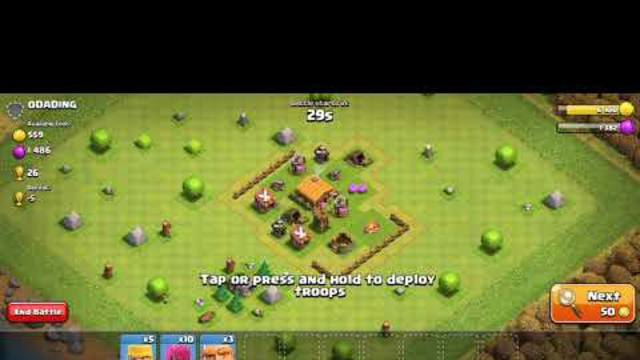 Clash of clans town hall 2 upgrade and fight 5 Barbarian,10 Archer and 3 Giant