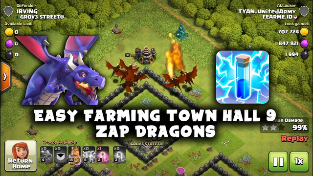 Easy Farm TH9 Zap Dragon - Clash of Clans