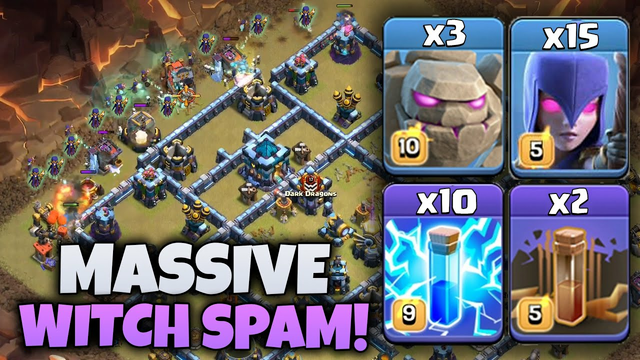 Massive Witch Zap Spam!! 3 Golem 15 Witch 10 Zap Town Hall 13 War Attack  | Clash Of Clans