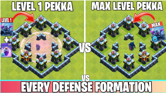 Level 1 P.E.K.K.A (With Rage Spell) Vs Max P.E.K.K.A Vs Every Defense Formation | Clash of clans