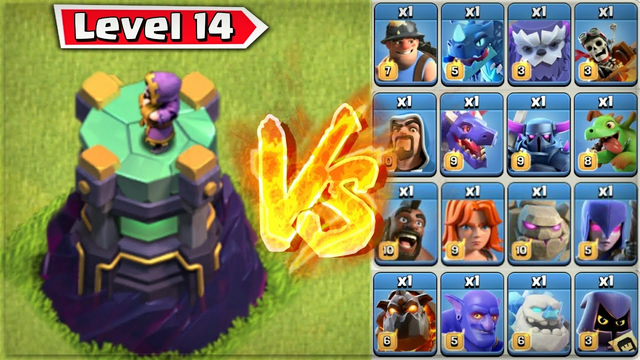 Level 14 Wizard Tower vs All Troops - Clash of Clans