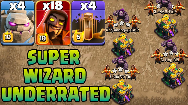 Golem Super Wizard Attack With Earthquake !! 4 Golem + 18 Super Wizard + 4 Earthquake Clash Of Clans