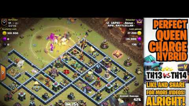 TH13 vs TH14 Queen Charge Hybrid - Clash of Clans