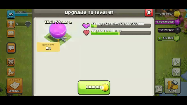 Clash of clans game elixer storage max at 1 to 15 level