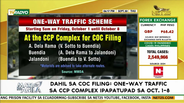 Dahil sa COC filing: One-way traffic sa CCP Complex, ipapatupad sa Oct. 1-8