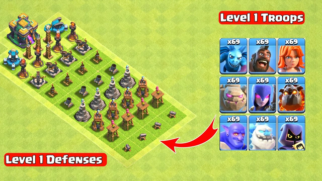 Level 1 Defense Formation vs Level 1 Dark Elixir Troops - Clash of Clans
