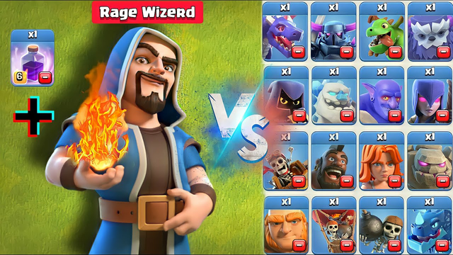 MAX WIZARD WITH RAGE SPELL VS ALL LEVEL 1 TROOPS (CLASH OF CLANS)