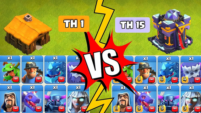 TOWNHALL 1 TROOPS VS TOWNHALL 15 TROOPS(CLASH OF CLANS)