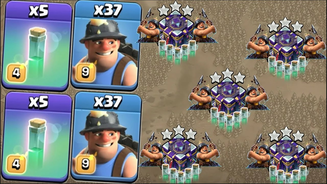 TH15 MASS MINER ATTACK with 37 Miner + 5 Invisibility Spells, Miner Invisibility Strategy -coc