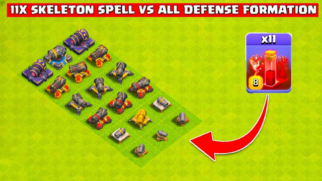 All Defense Formation vs x11 Skeletons Spell - Clash of Clans