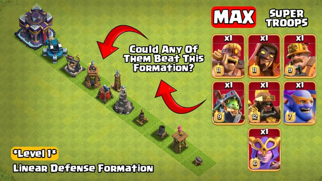 Lv.1 Linear Defense Formation vs. All MAX Super Troops | Clash of Clans
