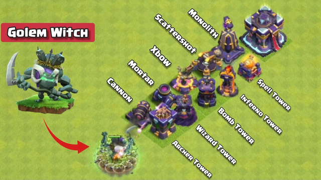 Golem Witch Vs All Max Defense | Clash of Clans | Golem Witch