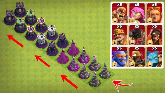 Super troops vs different levels of wizard towers : clash of clans