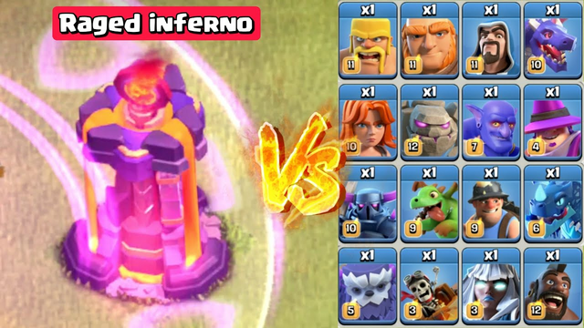 Raged Inferno Tower vs All Troops - Clash of Clans