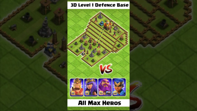 3D Lvl 1 Defence Base Vs All Max Heros Clash Of Clans #cocshorts #clashofclans #coc #th16 #pekka