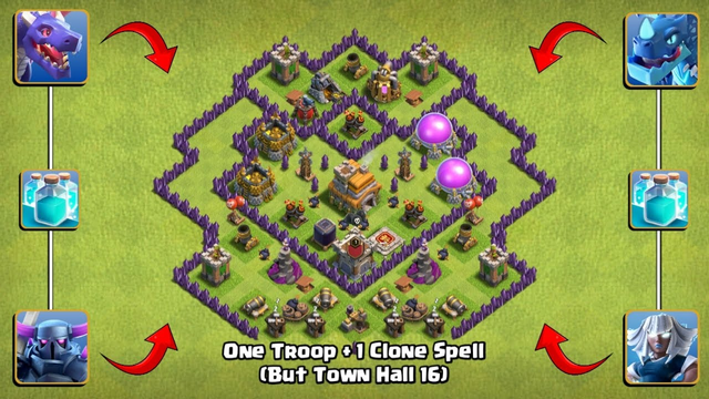 Town Hall 7 Base vs One Max Town Hall 16 Troop + 1 Clone Spell! | Clash of Clans