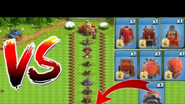 Straight line defence formation Vs All Max Siege Machine - clash of clans
