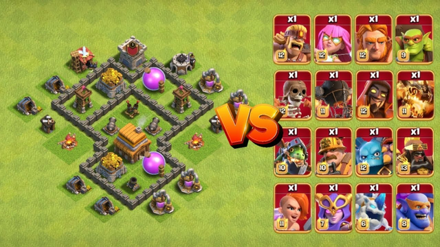 Town Hall 4 Base vs. MAX Troops (Super Troops Version)! | Clash of Clans
