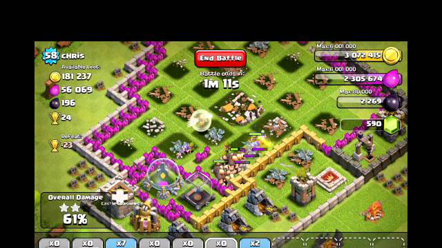 Clash of Clans [Offense] Dual Healers/Giants/Wizards v. Gem'ed Lvl 58 Town Hall 9 w/ both Heroes