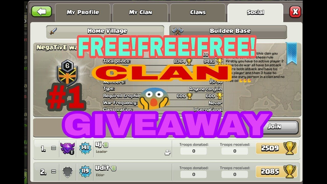 CLASH OF CLANS/CLAN GIVEAWAY!! /GYUS WANA WIN GIVEAWAY /FINISH TH E AIM/20 SUBSCRIBERS/10 +VIEWS /