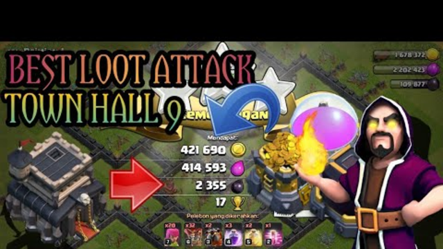 CLASH OF CLANS BEST LOOT ATTACK TOWN HALL 9 WITH BALLON AND LAVA BEGINI CARANYA!