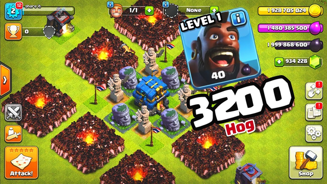 WOW 3200 HOG Level 1 Attack in Clash of Clans Private Server Mod Apk GamePlay New 2019! Share it!