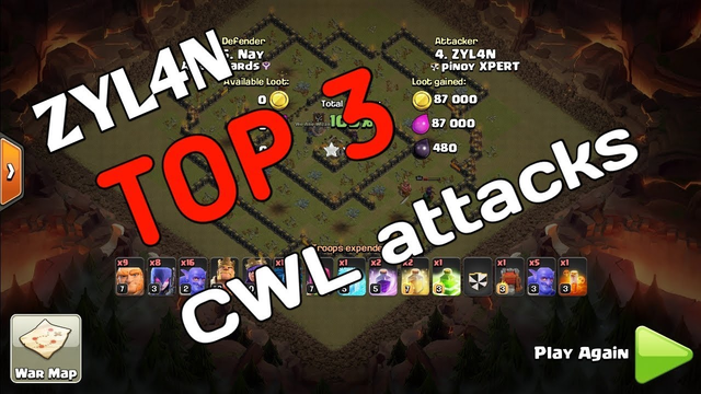 COC TH 10 LEGEND(ZYL4N)TOP 3 BEST CWL ATTACKS/clash of clans